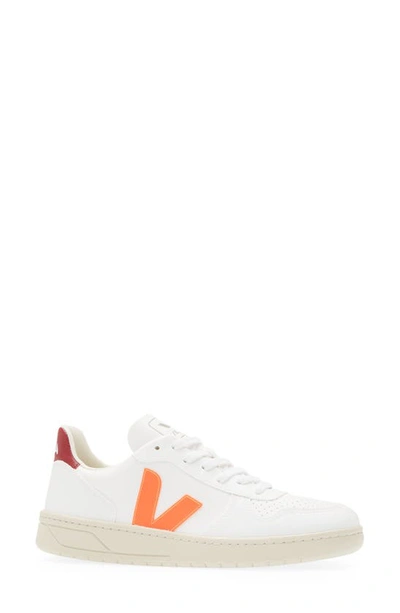 Veja Mens White Leather Sneakers In White Orange Fluo Marsala