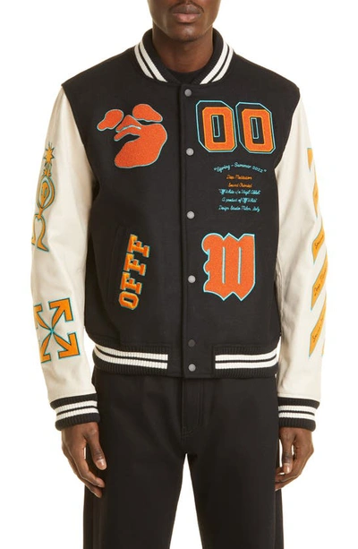 Shop Off-white Wool Blend & Leather Varsity Jacket In Black Orange