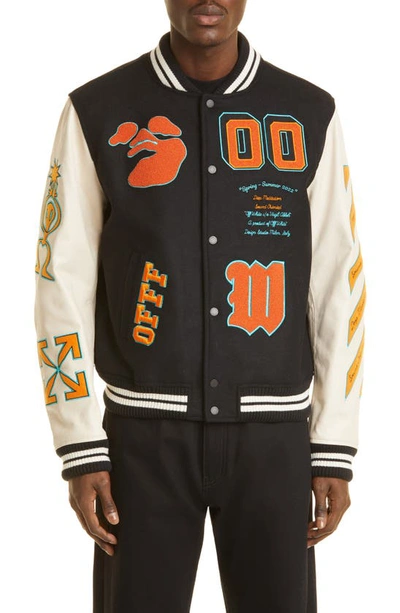 Off-white Varsity Jacket With Patch Detailing In Black