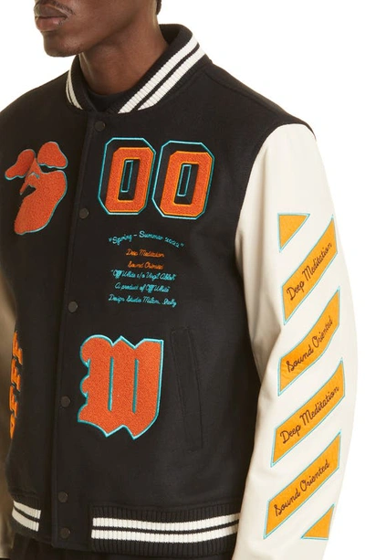 Shop Off-white Wool Blend & Leather Varsity Jacket In Black Orange