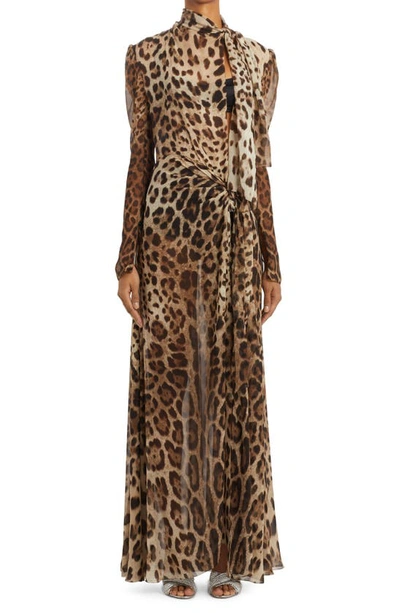 Shop Dolce & Gabbana Leopard Print Tie Neck Georgette Gown & Briefs Set