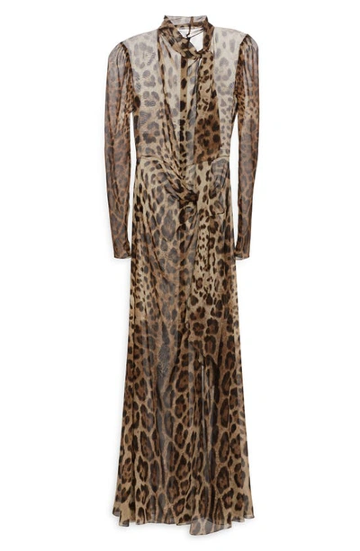Shop Dolce & Gabbana Leopard Print Tie Neck Georgette Gown & Briefs Set