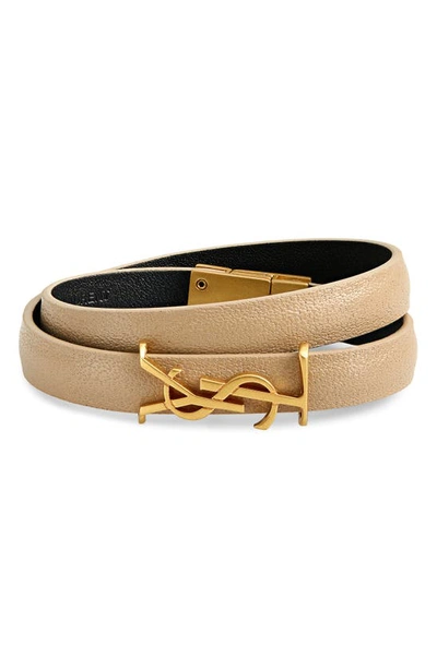 Shop Saint Laurent Opyum Logo Double Wrap Leather Bracelet In Beige/ Gold