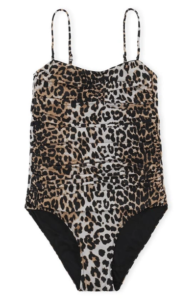 Shop Ganni Core Gathered One-piece Swimsuit In Leopard
