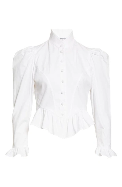 Shop Batsheva Grace Ruffle Cotton Blouse In White Cotton