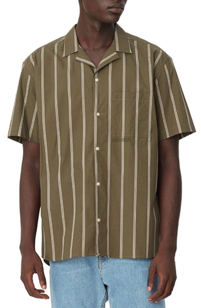 Shop Les Deux Leland Stripe Short Sleeve Organic Cotton Button-up Camp Shirt In Olive Night/ Dark Sand