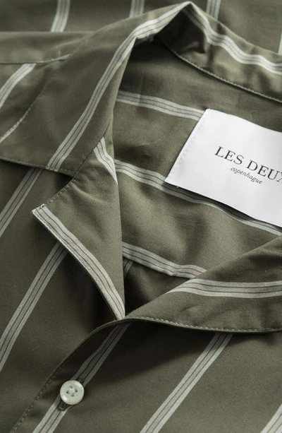 Shop Les Deux Leland Stripe Short Sleeve Organic Cotton Button-up Camp Shirt In Olive Night/ Dark Sand