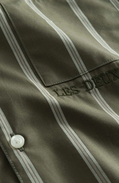 Shop Les Deux Leland Stripe Short Sleeve Organic Cotton Button-up Camp Shirt In Olive Night/ Dark Sand