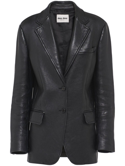 Shop Miu Miu Nappa Leather Single-breased Blazer In Black