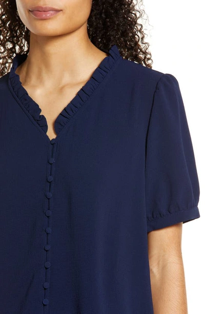 Cece Frill V-neck Button-up Blouse In Classic Navy