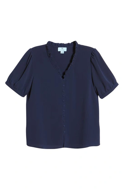 Cece Frill V-neck Button-up Blouse In Classic Navy