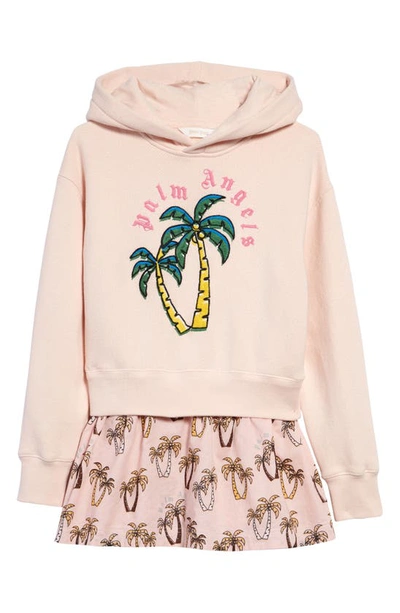 Shop Palm Angels Kids' Palm Print Embroidered Cotton Graphic Hoodie Dress In Pink Green