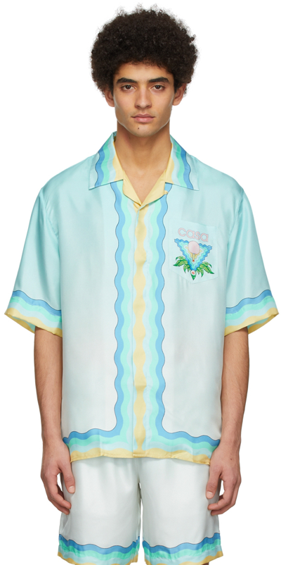 Shop Casablanca Blue Silk Shirt In Memphis Icon