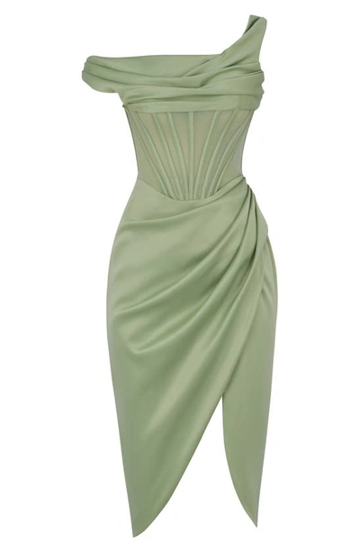 House Of Cb Lulu Corset One-shoulder Satin Midi Dress In Pistachio