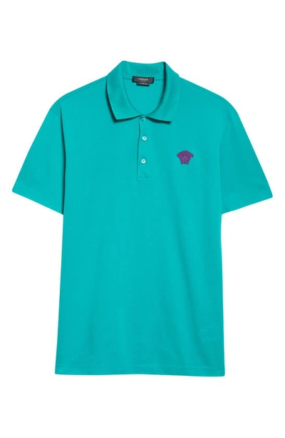 Shop Versace Medusa Appliqué Cotton Polo Shirt In Turquoise