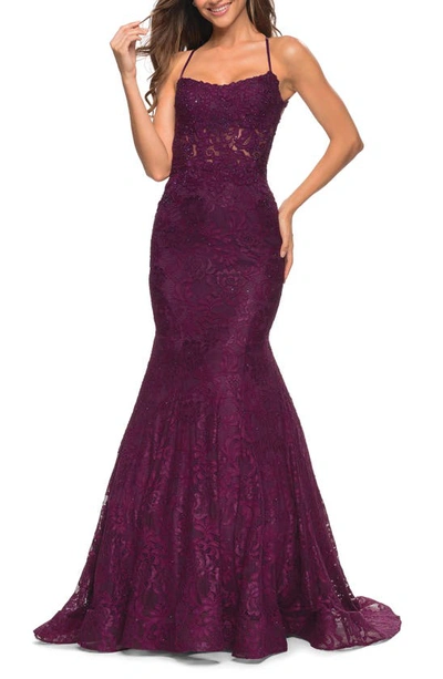 Shop La Femme Stretch Lace Mermaid Gown In Dark Berry