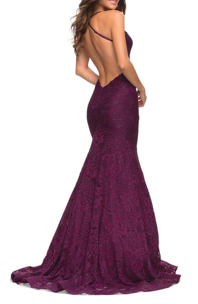 Shop La Femme Stretch Lace Mermaid Gown In Dark Berry