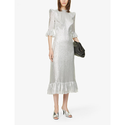 Shop The Vampire's Wife The Falconetti Metallic Silk-blend Midi Dress In Silver