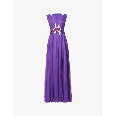 Shop Alberta Ferretti Cut-out Pleated Cotton-blend Jumpsuit In Purple