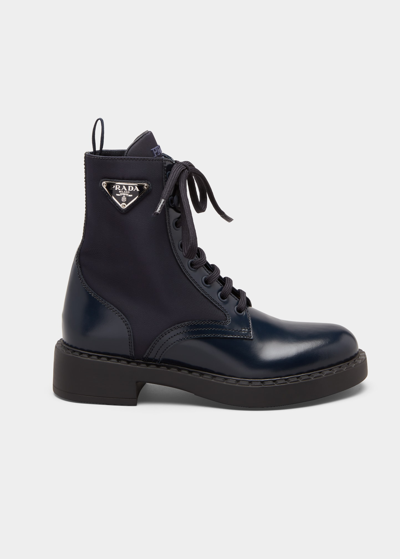 Shop Prada Leather Nylon Lace-up Combat Boots In Bleu