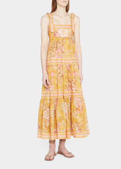 Shop Zimmermann Pattie Floral Tie-shoulder Empire Waist Midi Dress In Mustard Floral