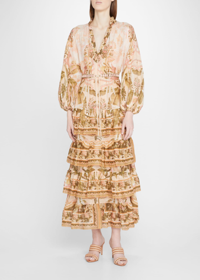 Shop Zimmermann Lyre Floral Ruffle Tiered Long-balloon Sleeve Midi Dress In Spliced