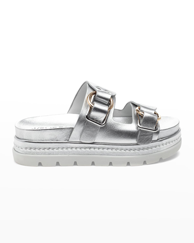 Shop Jslides Baha Leather Double-buckle Slide Sandals In Slv Met Lt