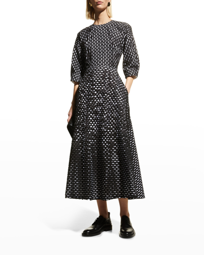 Shop Partow Laser-cut Puff-sleeve Fit-&-flare Midi Dress In Black