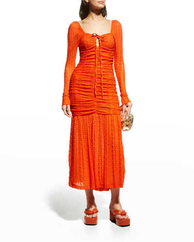 Shop Ganni Textured Stretch Lace Midi Dress In Orangedotcom