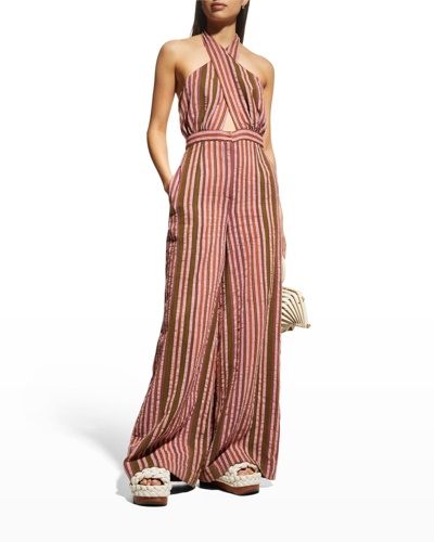 Shop Studio 189 Stripe Halter Wide-leg Jumpsuit In Red And White