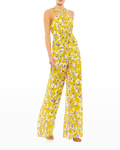 Shop Ieena For Mac Duggal Floral-print Halter Jumpsuit In Yellow Multi