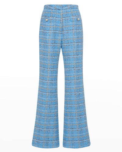 Shop Alessandra Rich Checked Tweed High Rise Flare Trousers In 1893 Light Blue