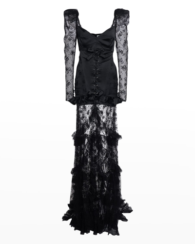 Shop Alessandra Rich Duchesse Sheer Lace-up Puffed-long Sleeve Gown In Black