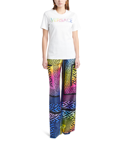 Shop Versace Rainbow Logo Embroidered T-shirt In Whitemulticolor