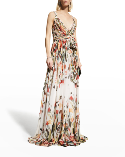 Shop Badgley Mischka Pleated Floral-print Open-back Gown In White Multi