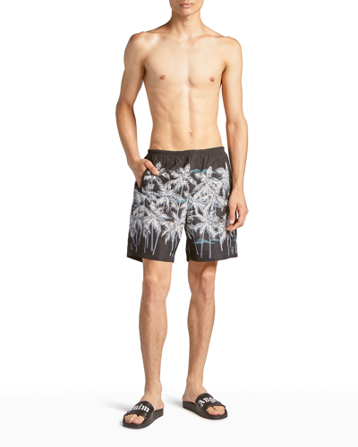 Shop Palm Angels Men's Allover-palms Swim Shorts In Black Off White
