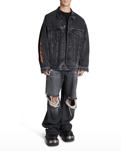 Shop Balenciaga Men's Metal-logo Oversized Trucker Jacket In Anthracite