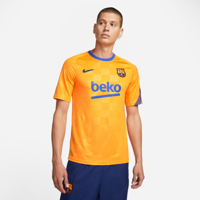 Shop Nike Fc Barcelona  Men's Dri-fit Pre-match Short-sleeve Soccer Top In Orange