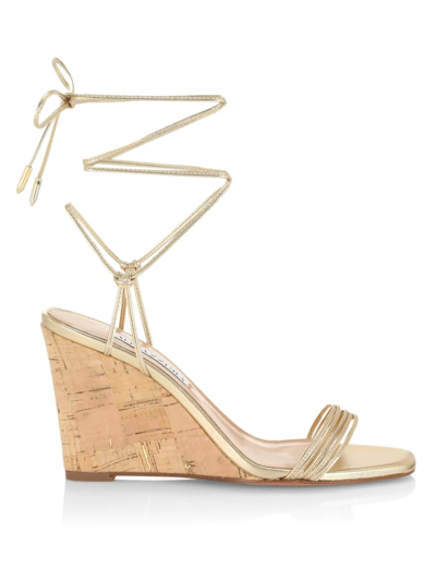 Shop Aquazzura Women's Trouble Maker Ankle-tie Wedge Sandals In Soft Gold