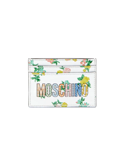 Shop Moschino Women's Logo Floral-print Leather Cardholder In White Multi