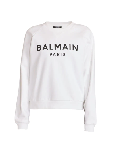 Shop Balmain Women's Flocked Logo Crewneck Sweatshirt In Blanc Noir