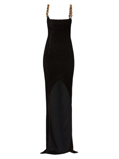 Shop Balmain Women's Pinstripe Velvet Chain Strap Dress In Noir