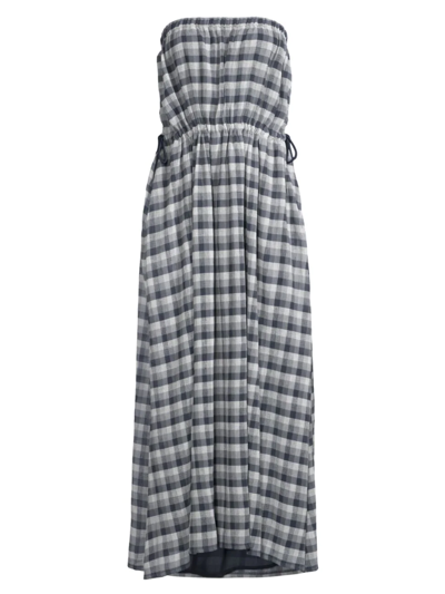 Shop Emporio Armani Women's Strapless Gingham Maxi Dress In Blue White Gingham