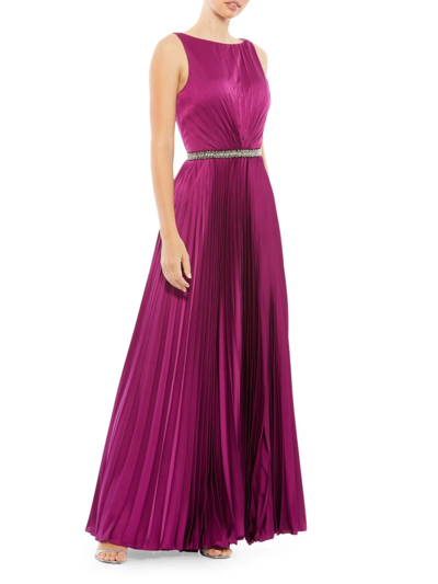 Shop Mac Duggal Women's Belted Pleated Satin Gown In Berry