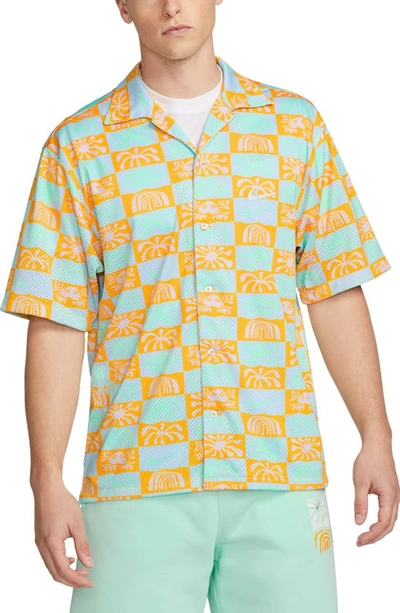 Shop Nike Spring Break Standard Fit Mesh Short Sleeve Button-up Camp Shirt In 739 University Gold/ Light Ma