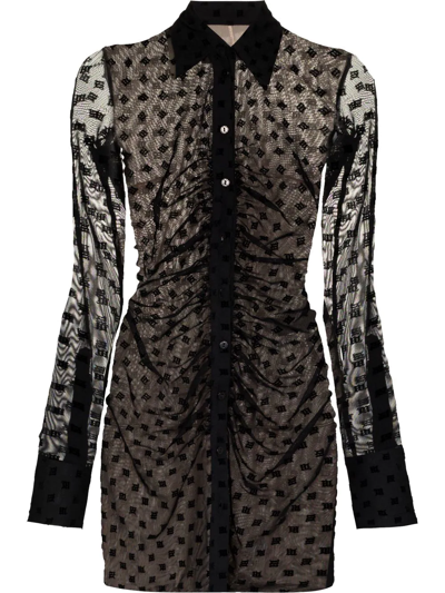 Misbhv Monogram Ruched Mini Shirt Dress In Black