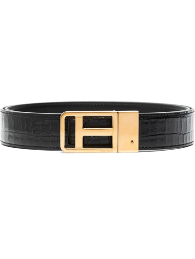Shop Tom Ford T Buckle Crocodile-embossed Belt In Black