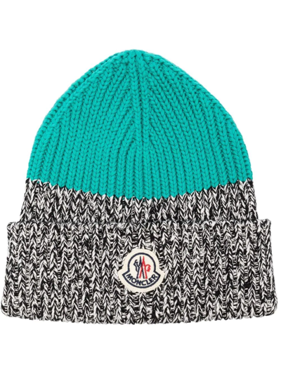 Moncler Logo-patch Two-tone Beanie Hat In Blue | ModeSens