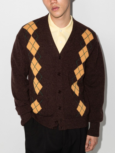 Shop Manors Golf Argyle Check Cardigan In Brown