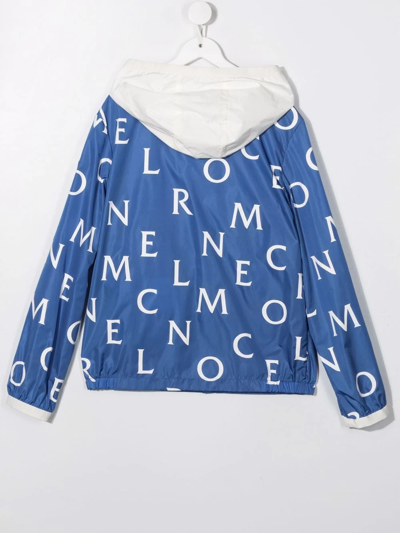 Shop Moncler Teen Logo Lettering-print Hooded Rain Jacket In Blue